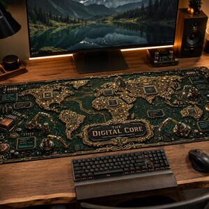 Puede incluir: Una alfombrilla de escritorio rectangular con un diseño detallado de mapa mundial en tonos verde oscuro y dorado. El mapa incorpora intrincados patrones de circuitos, componentes mecánicos y el texto THE DIGITAL CORE en un marco central.