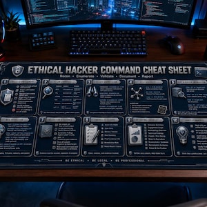 May include: A dark blue rectangular desk mat featuring the text "ETHICAL HACKER COMMAND CHEAT SHEET" and ten numbered sections with technical icons and instructions for cybersecurity tasks, including recon, enumeration, and reporting.