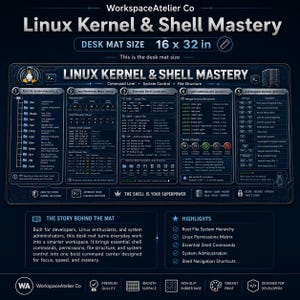 以下が含まれることがあります： 16 x 32インチの長方形のダークブルーのデスクマット。Linux Kernel & Shell Masteryというテキストが記載されています。ルートファイルシステムの階層、Linuxの権限、シェルコマンド、システム管理のショートカットなどの技術情報が表示されています。