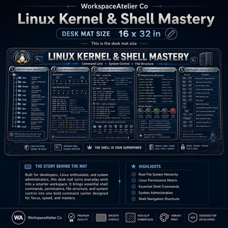 以下が含まれることがあります： 16 x 32インチの長方形のダークブルーのデスクマット。Linux Kernel & Shell Masteryというテキストが記載されています。ルートファイルシステムの階層、Linuxの権限、シェルコマンド、システム管理のショートカットなどの技術情報が表示されています。