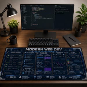 Puede incluir: Una alfombrilla de escritorio rectangular con un diseño técnico en azul oscuro y negro titulado Modern Web Dev Full-Stack Blueprint. La alfombrilla muestra cinco secciones que cubren métodos de JavaScript, ciclos de vida, CSS, Git y códigos HTTP.