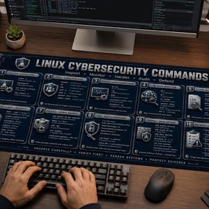 Könnte beinhalten: Eine rechteckige, dunkelblaue Schreibtischunterlage mit einem weißen Grafikdruck mit dem Titel Linux Cybersecurity Commands. Das Design enthält zehn nummerierte Abschnitte mit technischem Text, Symbolen und Systemadministrationsbefehlen.