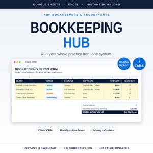Può includere: Un modello digitale di hub contabile per Google Sheets ed Excel con una dashboard CRM per i clienti. L'interfaccia mostra lo stato, il software e i dati sui compensi dei clienti. Include badge blu per Notion Ready e 7 Tabs, oltre a pulsanti per Client CRM, Monthly close board e Pricing calculator.