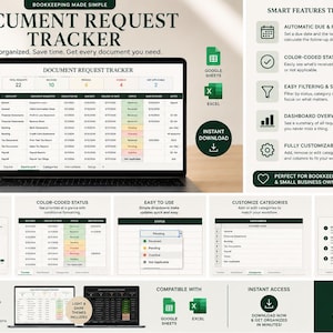 May include: A digital document request tracker template displayed on a laptop screen, featuring a spreadsheet with color-coded status columns, summary dashboards, and task lists. The interface includes Google Sheets and Excel compatibility icons.