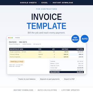 Peut inclure: Un modèle de facture numérique pour entrepreneurs compatible avec Google Sheets et Excel. Le document présente des colonnes pour la description du travail, le type, la quantité, le prix unitaire et le total, avec des sections pour le sous-total.