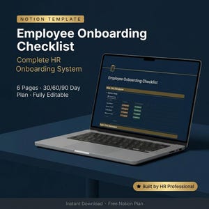 Op de afbeelding: Een Notion-sjabloon voor een checklist voor het inwerken van werknemers, weergegeven op een laptopscherm. De tekst bevat "Employee Onboarding Checklist", "Complete HR Onboarding System", "6 Pages", "30/60/90 Day Plan", "Fully Editable" en "Built by HR Professional".
