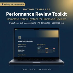 May include: A laptop displaying a Notion template titled Performance Review Toolkit. The screen shows a Master Review Tracker with sections for self-assessments, manager reviews, and goal tracking, plus text noting 9 sections and PIP templates.