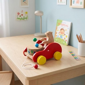 Wooden Bear Drum Pull Toy, Toddler Walk Along Toy, Montessori Wooden Push Toy