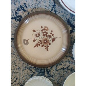 Op de afbeelding: Een rond keramieken bord met een beige centrum en een brede donkerbruine rand. Het midden van het bord is versierd met een bruine en witte bloemenillustratie van madeliefjes en bladeren, gerangschikt in een cluster over het oppervlak.
