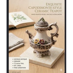 Vintage MCM Capodimonte Keramik Tekanna Handmålad Rosor Rokoko Scrollwork