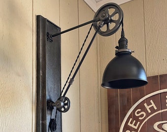 Wall Pulley Sconce - Industrial - Adjustable - Steampunk - Plug-in - Pulley Light - Pulley Lamp - Vintage Style Light