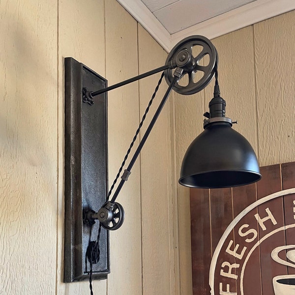 Wall Pulley Sconce - Industrial - Adjustable - Steampunk - Plug-in - Pulley Light - Pulley Lamp - Vintage Style Light