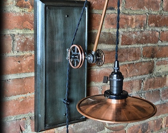 Copper Pulley Wall Sconce - Industrial - Adjustable - Steampunk - Plug-in - Pulley Light - Pulley Lamp - Vintage Style Light