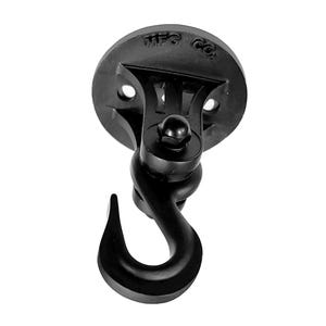 May include: Black ceiling hook with a circular mounting plate. The hook is curved and designed for hanging items. The mounting plate has the text "MFG CO." embossed on it. Ideal for various hanging applications.