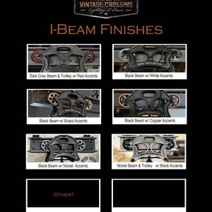 May include: Six different I-beam finishes for lighting fixtures. The options include dark gray with red accents, black with white accents, black with brass accents, black with copper accents, black with nickel accents, and nickel with black accents. The image also includes the text "OTHER?"
