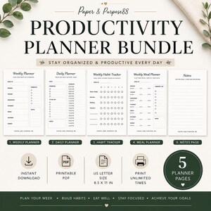 Productivity Planner Bundle Printable PDF | Weekly Planner | Daily Planner | Habit Tracker | Meal Planner | Instant Download