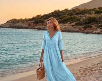 Bohemian Maxi Dress — French Riviera Style, Embroidered V-Neck, Flowy Beach Dress, Summer Vacation Dress, Boho Wedding Guest Dress