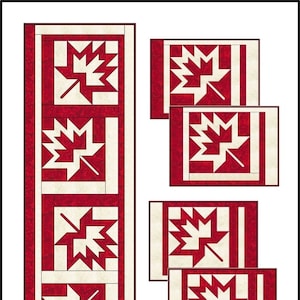 May include: A red and white quilt pattern with a maple leaf design. The pattern is repeated in a long runner and four smaller squares.