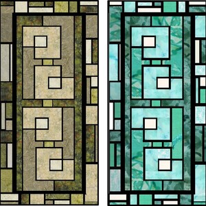 Puede incluir: Dos paneles de vitrales con dise&ntilde;os geom&eacute;tricos. El panel de la izquierda tiene un fondo verde y marr&oacute;n con un patr&oacute;n geom&eacute;trico blanco. El panel de la derecha tiene un fondo azul y verde con un patr&oacute;n geom&eacute;trico blanco.