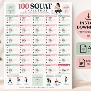 Op de afbeelding: Een printbare 100 Squat Challenge PDF-kaart met een trainingsschema van 30 dagen, inclusief dagelijkse doelen voor warming-up, squat-herhalingen en cooling-down. Het document bevat illustraties van oefeningen en bijbehorende tekst.