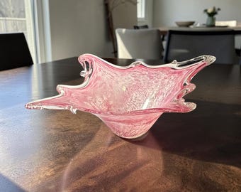 Ciotola vintage in vetro di Murano rosa con effetto schizzi / Centrotavola a forma libera con decorazione a stella da 11 pollici