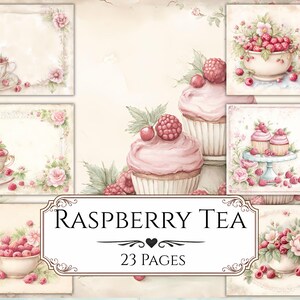 Op de afbeelding: Een collectie digitale papierontwerpen met aquarelillustraties van frambozen, roze rozen, theekopjes en cupcakes. Het centrale label toont de tekst RASPBERRY TEA en 23 PAGES in een decoratief kader met een klein hartvormig icoon.