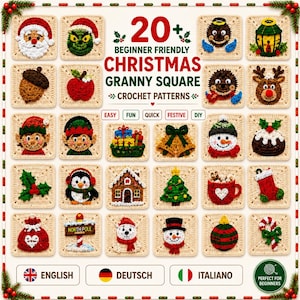 May include: A collection of 20+ beginner friendly Christmas granny square crochet patterns featuring various holiday motifs including Santa, a reindeer, a snowman, a Christmas tree, presents, and holly on a cream background with text.