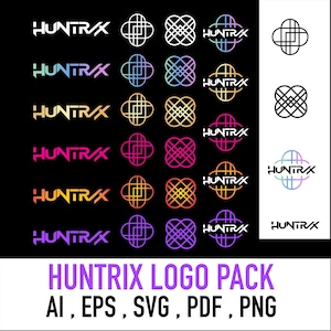 May include: A digital graphic design collection featuring the brand name HUNTRIX in a stylized font alongside various geometric logo symbols. The designs appear in solid white, black, and vibrant multi-colored gradients on dark and light backgrounds.