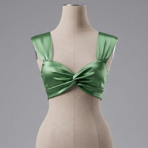 May include: A sage green satin crop top featuring a sweetheart neckline with a central twist detail and wide, gathered shoulder straps. The garment is displayed on a beige dress form, showcasing the smooth, reflective texture of the fabric.