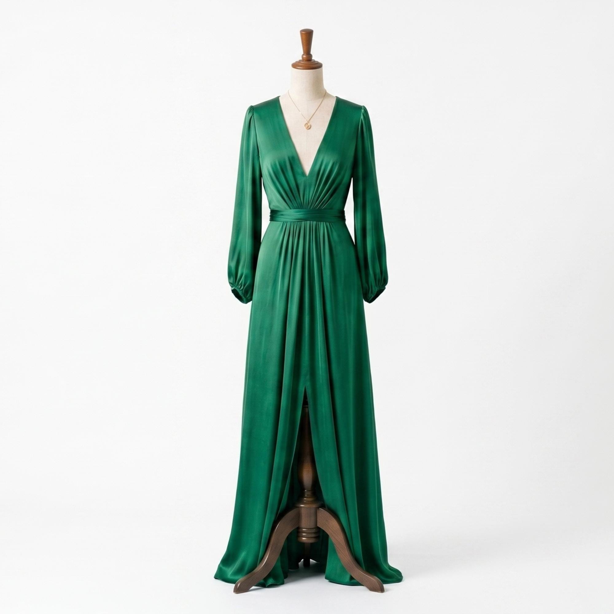 Long Sleeve Emerald Green Satin Dress