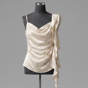 May include: A sleeveless cream-colored satin top featuring a draped cowl neckline and a thin spaghetti strap on the left side. The garment includes a prominent, cascading vertical ruffle detail that runs along the entire right side edge.
