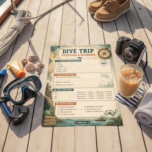May include: A dive trip overview and planning document on a boat deck with a pair of tan boat shoes, a black camera, a glass of iced coffee, a snorkel mask, a tube of sunscreen, seashells, a coiled rope, and a folded gray towel nearby.