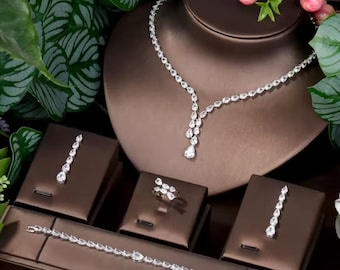 Water Drop Cubic Zirconia Precious  ewelry Set – Necklace, Earrings, Bracelet & Ring