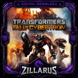 May include: A digital download graphic for Transformers Fall of Cybertron featuring a central robot figure with a large cannon, flanked by other mechanical characters against a fiery background, framed by a purple border with the text ZILLARUS.