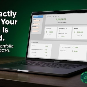 May include: A laptop displaying a financial dashboard with the text See Exactly Where Your Wealth Is Headed. Project your portfolio all the way to 2070. The screen shows various data fields, currency values, and the Power Press Finance logo.