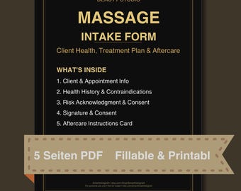 Massage Intake Form Printable | Massage Therapist Client Health & Contraindications | Aftercare Card | PDF Download
