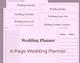 Wedding Planner Printable | Budget, Guest List & Timeline Organizer | 6-Page Workbook | Bridal PDF | Instant Download