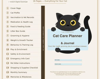 Cat Care Planner Printable | Food Litter Health Tracker with Emergency Card | 16 Page PDF
