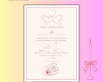 Romantic Wedding Invitation Template | Dove Design, Hand-Written Details (Digital Download)