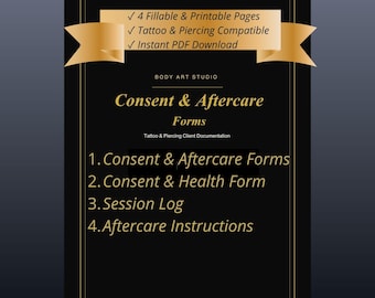 Body Art Consent Form | Tattoo Piercing Health Questionnaire | Session Log & Aftercare | PDF Download