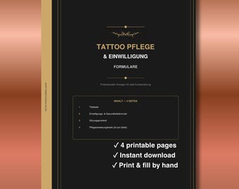 Tattoo Pflege & Einwilligung Druckbar | Gesundheitsformular | Sitzungsprotokoll | Pflegekarte | Sofortdownload PDF Deutsch