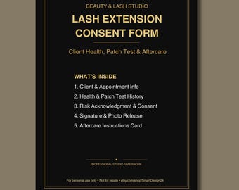 Lash Extension Consent Form Printable | Esthetician Client Health & Patch Test | Aftercare Card | PDF Download
