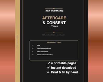 Tattoo Consent Aftercare Forms | Client Health Session Record (PDF Download)
