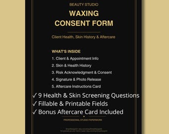 Waxing Consent Form Printable | Esthetician Client Skin & Health History | Aftercare Card | PDF Download