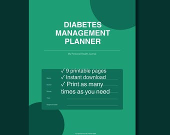 Diabetes Management Planner Printable | Blood Sugar Tracker | Diabetic Journal | Meal Planner | Symptom Log | Instant Download PDF