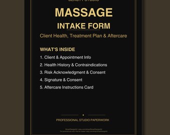 Massage Intake Form Printable | Massage Therapist Client Health & Contraindications | Aftercare Card | PDF Download