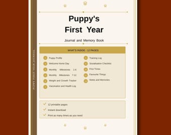 Diario imprimible para cachorros / Libro de recuerdos del primer año de tu perro / Registro de hitos de tu cachorro