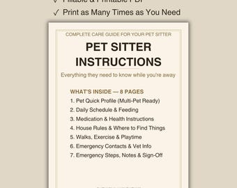 Pet Sitter Care Guide Printable | Multi-Pet Feeding, Medication & Emergency Info | PDF