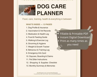 Dog Care Planner Printable | Complete Puppy and Dog Health, Training & Feeding Journal | 13-Page PDF