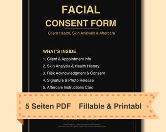 Facial Consent Form Printable | Esthetician Client Skin Analysis & Health History | Aftercare Card | PDF Download